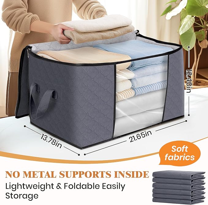Fab totes 4 Pack Storage Bags for Clothes Blanket Storage Bins with Lids | Foldable Closet Organizers with Zippers,Window and Handles,Fabric Storage Bins for Sweater,Comforter,Bedding,Dorm essentials - Image 2