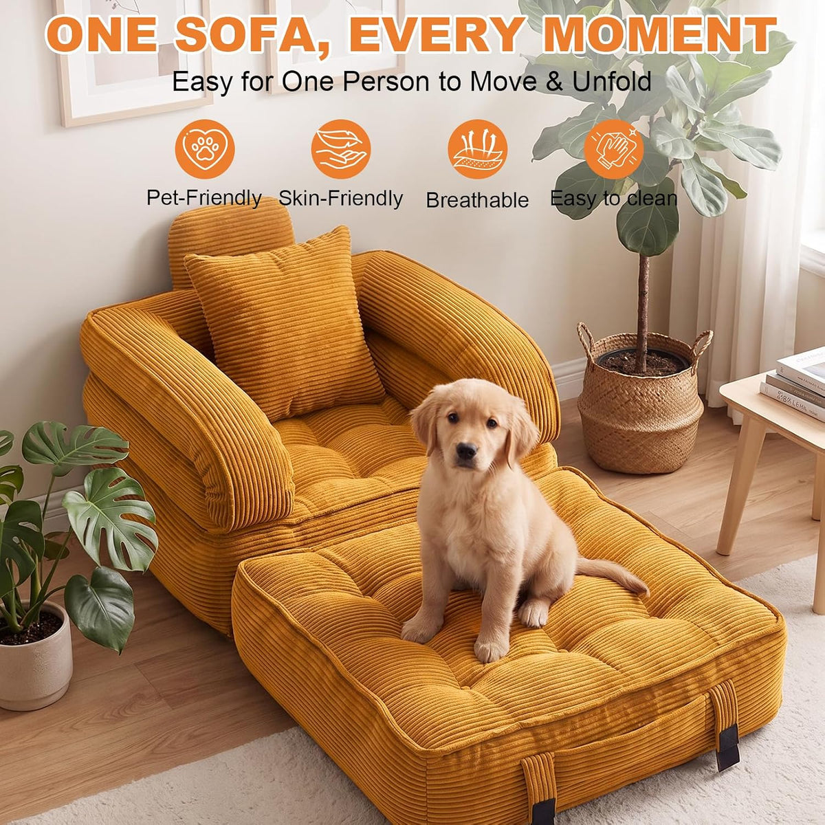 Folding Sofa Bed, Convertible Sleeper Chair, Corduroy Boneless Couch - Image 6