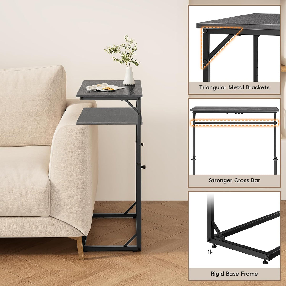 C Shaped End Table for Couch, 33.5''Tall C-Table End Table Adjustable Height Side Tables, Large Surface Sofa Tables TV Tray, Slide Under Couch Tables for Sofa, Living Room,Bedroom,Gray Walnut - Image 7