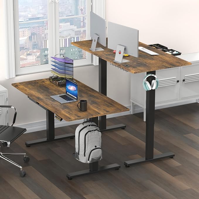 SHW 55 x 28 Electric Height Adjustable Standing Desk w/Drawer,Rustic Brown | w/ Memory Presets and Cable Management | Drawer with adjustable compartments | Hanging Hooks - Image 2