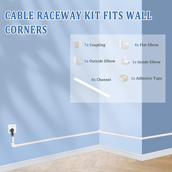125" Small Cable Concealer for Single Cord, 8-Pack, White | 125-inch single-cord cable concealer with 8 adhesive channels for clean wall cable management in any room - Image 6