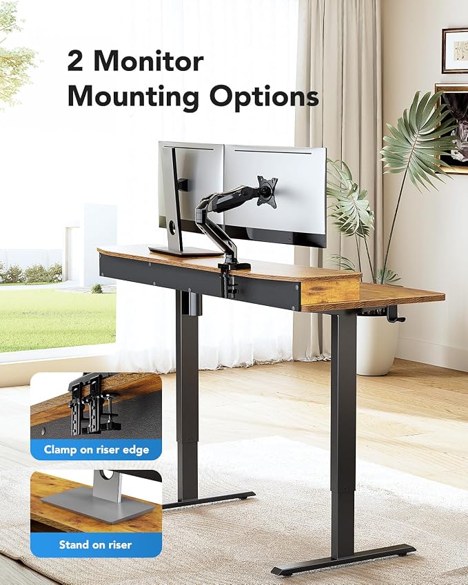 HUANUO 48″ x 24″ Electric Standing Desk with 2 Drawers, C-Clamp Mount Compatible, Height Adjustable Computer Desk, Home Office Stand Up Desk with 4 Preset Heights & 2 Hooks, Vintage Brown - Image 3