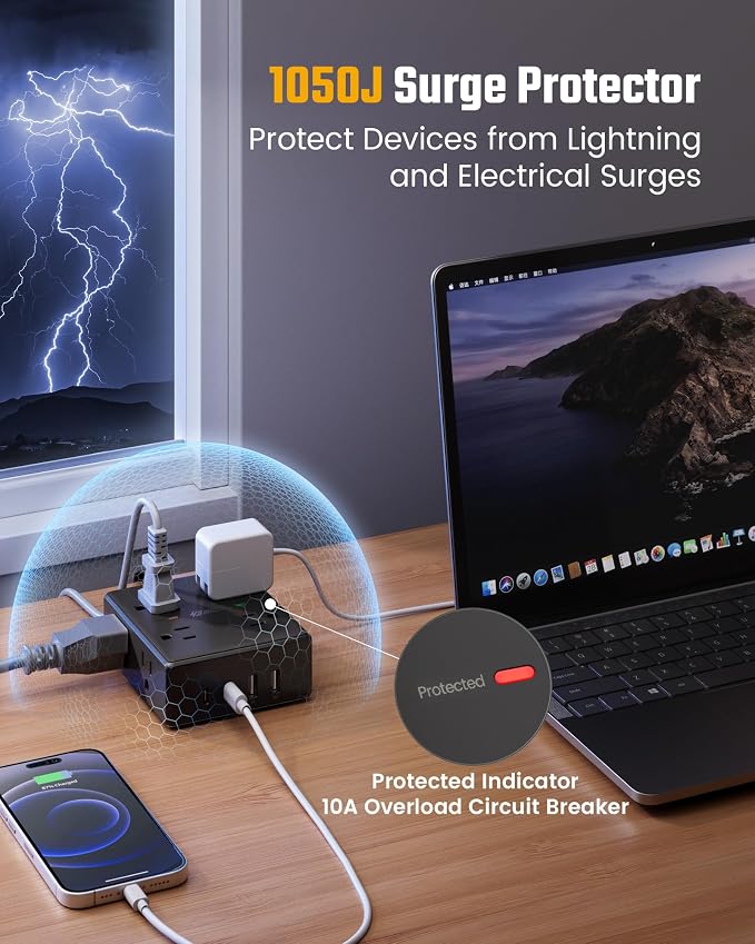 SUPERDANNY Extension Cord,Flat Plug Surge Protector Power Strip,25Ft | 8 AC & 4 USB Ports (2 USB C),Surge Protector with 1050J,Desk Charging Station for Home Office,College Dorm Room Essentials - Image 5