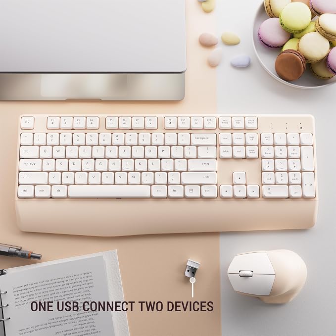 MPTOG Ergonomic Wireless Keyboard and Mouse Combo, Khaki White | Computer Keyboard Mouse with Wrist Rest, BK Chipset, Full-Size Colorful, Power Button, USB Receiver for PC Laptop - Image 6