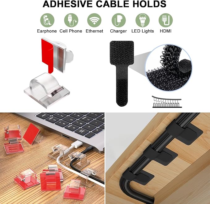 50Pcs Cord Organizer Kit, Reusable Silicone Cable Ties, Strong Adhesive Cable Clips for Cable Management, Multipurpose Wire Management for Bundling and Fastening Various Wires (6 Colors) - Image 5