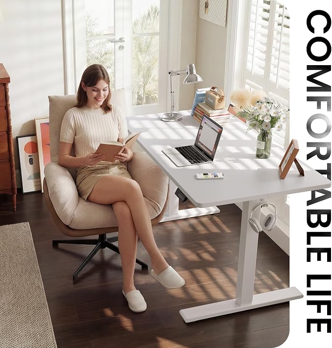 CubiCubi Electric Standing Desk 55 x 24 Inch, Height Adjustable Sit Stand Desk with Memory Presets, Splice Desktop Computer Desk for Home Office, White Frame/White Top - Image 3