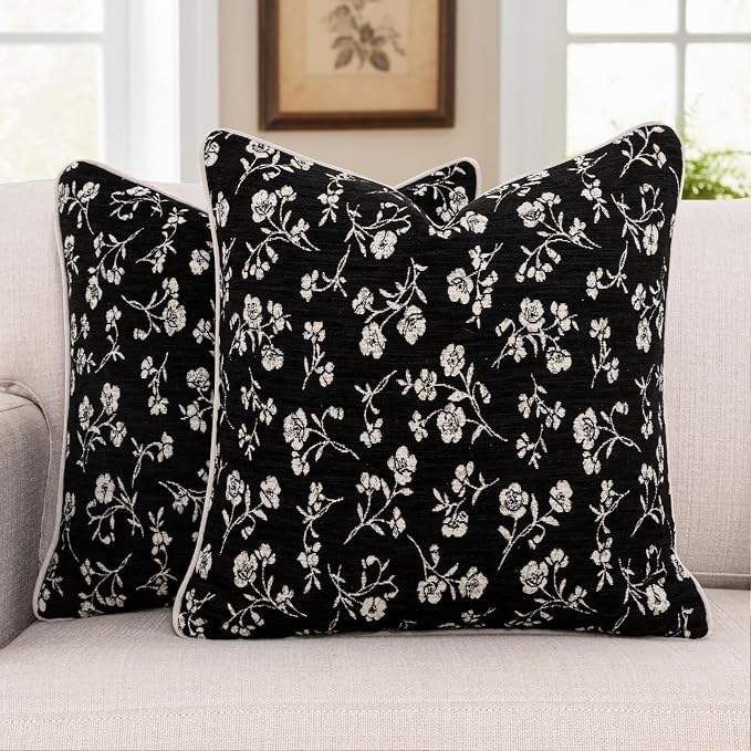 18x18 Chenille Jacquard Throw Pillow Cover, Black Vintage Floral Cushion Case with Piped Edges, Decorative Accent for Sofa, Couch & Bed, 2 Pack by Vfuty