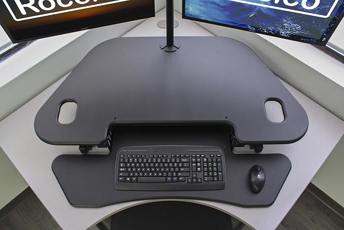 Rocelco 46" Height Adjustable Corner Standing Desk Converter with Dual Monitor Arm Bundle - Quick Sit Stand Up Computer Workstation Riser - Extra Large Keyboard Tray - Black (R CADRB-46-DM2) - Image 9