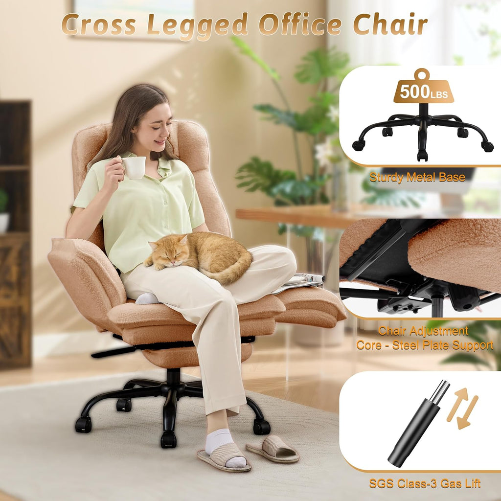 Wider Seat Office Chair with Flip Armrests for Criss Cross Legged&Cats, Big and Tall Executive Ergonomic Reclining Chair with Footrest&Lumbar Pillow, Teddy Fleece Desk Chair,Pink Vanity Chair - Image 2