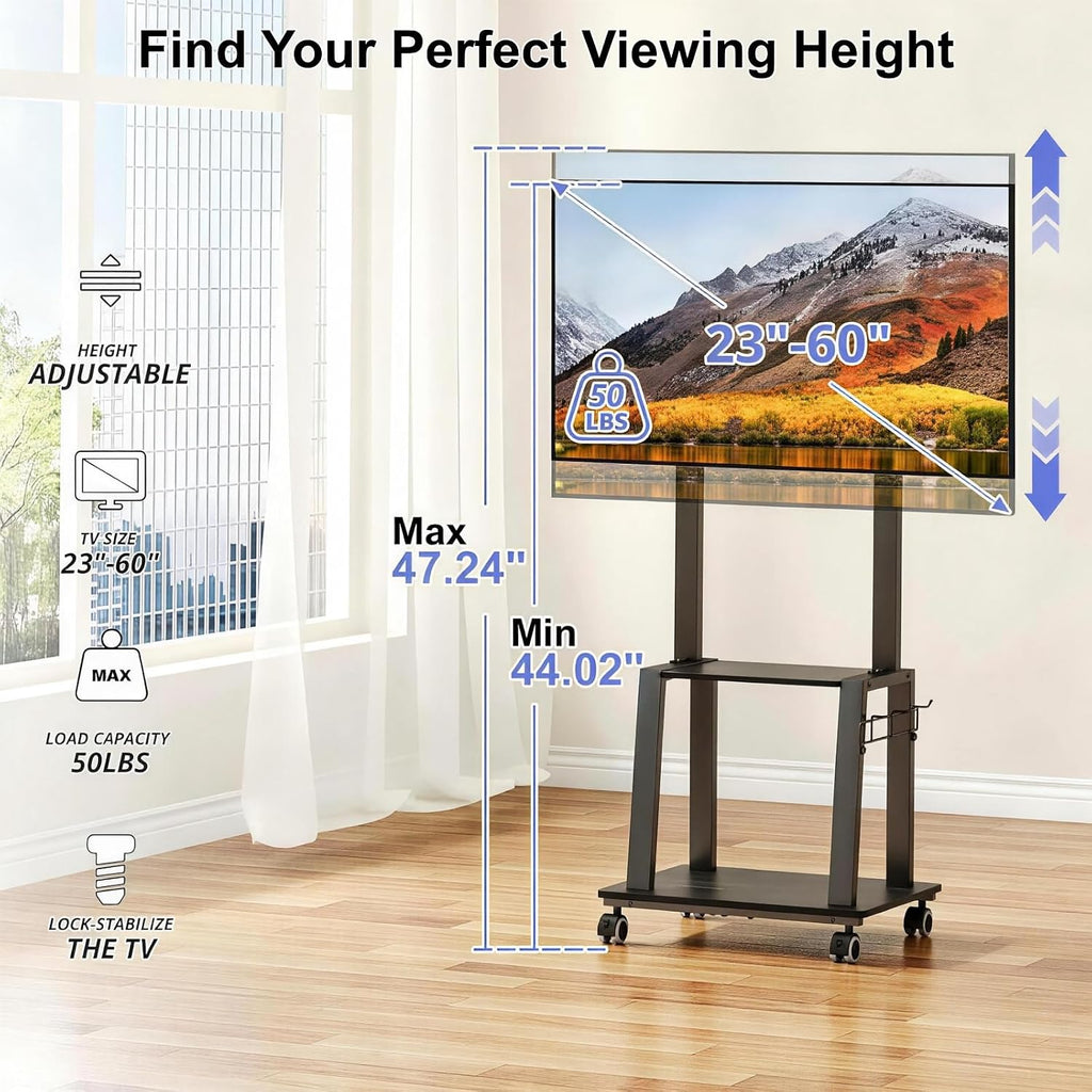 Rolling TV Stand on Wheels for 23-60Inch Flat/Curved Screen TVs,Tilt Mobile TV Cart with 2 Shelves,Portable TV Stand with Adjustable Height Holds up to 50lbs for Indoor Outdoor Max VESA 400x400mm - Image 2