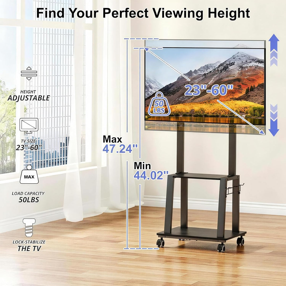 Rolling TV Stand on Wheels for 23-60Inch Flat/Curved Screen TVs,Tilt Mobile TV Cart with 2 Shelves,Portable TV Stand with Adjustable Height Holds up to 50lbs for Indoor Outdoor Max VESA 400x400mm - Image 2