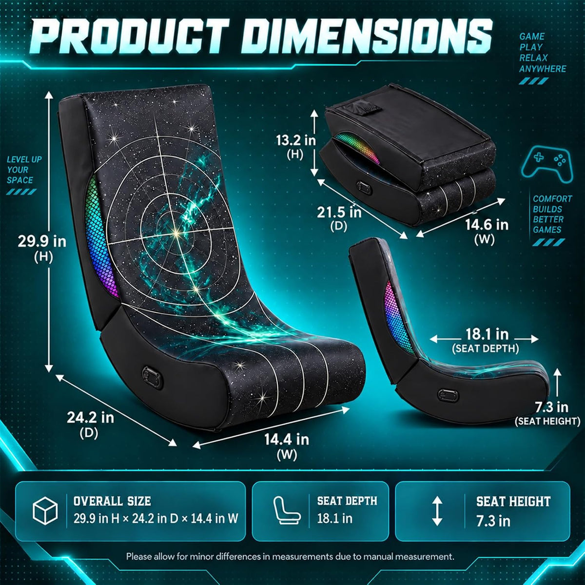 Foldable Floor Gaming Chair Rocker for Adults | Kids, LED Lights - Image 3