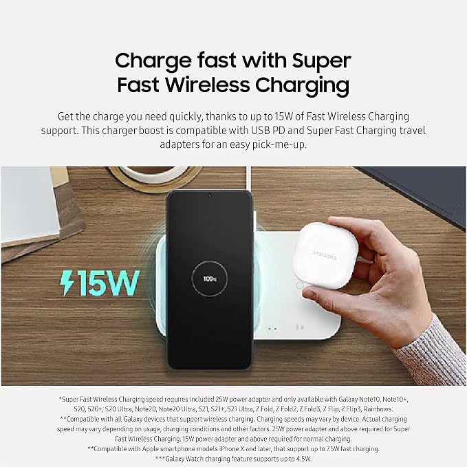 SAMSUNG 15W Wireless Charger Duo w/USB C Cable, Charge 2 Devices at Once, Cordless Super Fast Charging Pad for Galaxy Phones and Devices, 2022, US Version, Black - Image 2