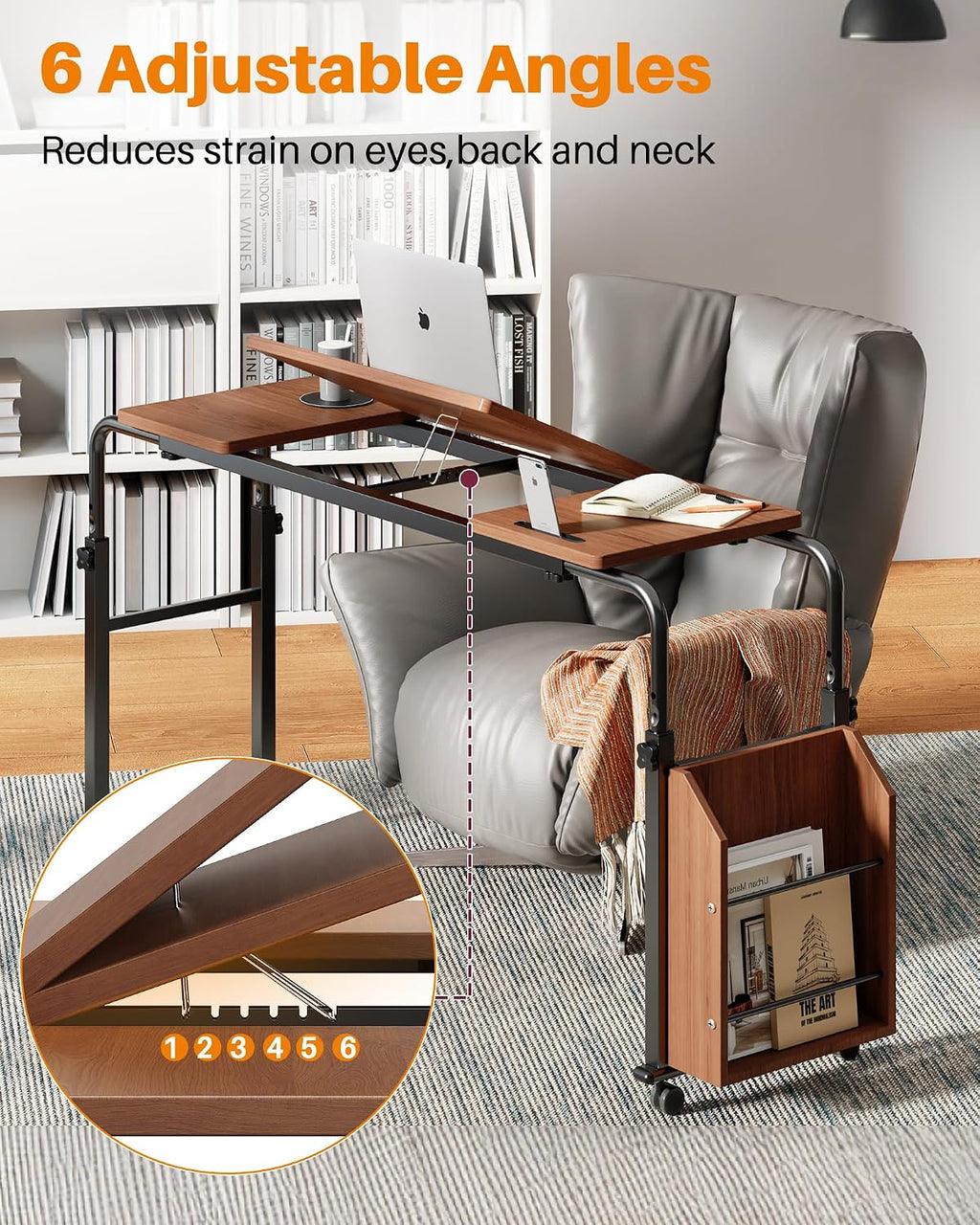 Laptop Desk for Bed,6-Angle Adjustable Overbed Table with Wheels,Adjustable Height and Length Bed Table for Laptop with Side Bookshelf,Standing Desk,Over Bed Desk for Working Hospital Home (Oaken) - Image 3