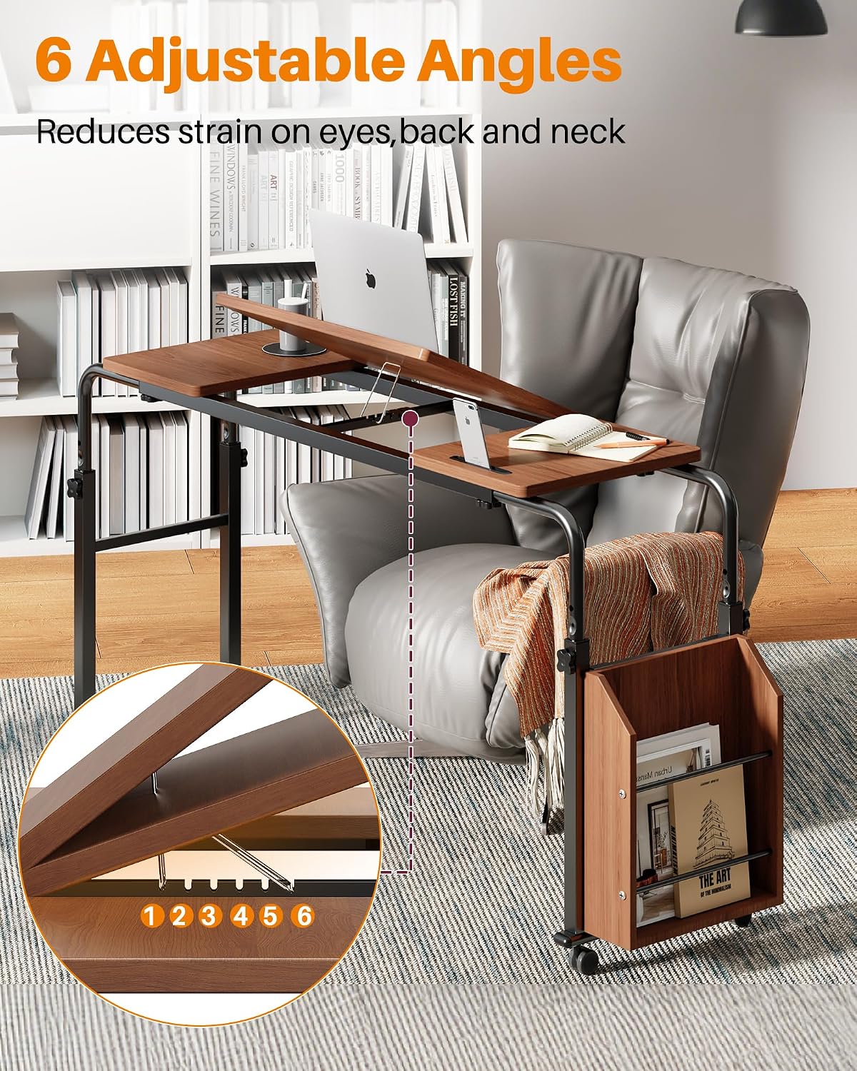 Laptop Desk for Bed,6-Angle Adjustable Overbed Table with Wheels,Adjustable Height and Length Bed Table for Laptop with Side Bookshelf,Standing Desk,Over Bed Desk for Working Hospital Home (Oaken) - Image 3