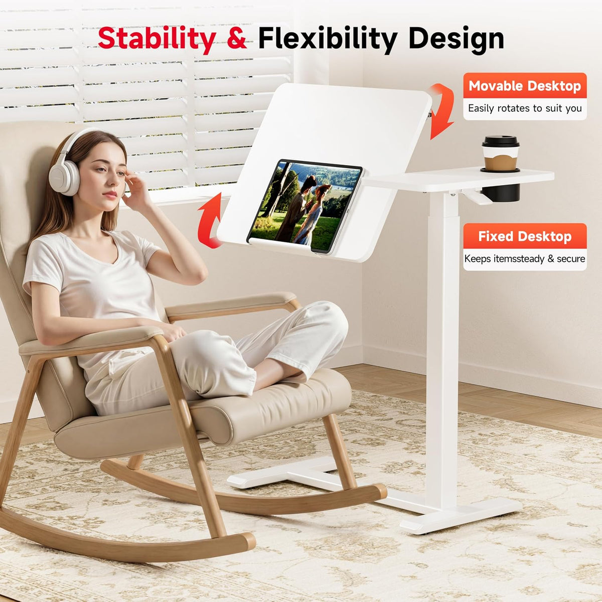 Okin Overbed Bedside Table with Wheels, Adjustable Medical Tilt Top Hospital Bed Table Over The Bed, Rolling Desk Mobile Standing Desk for Hospital Home Use (White) - Image 6