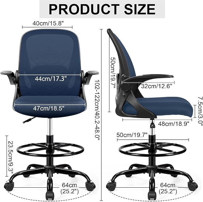 Drafting Chair Tall Office Chair with Flip-up Armrests, Adjustable Height, Enhanced Lumbar Support Ergonomic Rolling Stool, Back Support, Adjustable Foot Rest Ring for Standing Desk Navy - Image 2