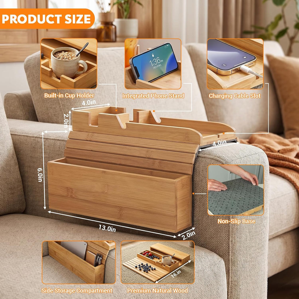 Bamboo Couch Armrest Tray with Storage Caddy for Drinks TV Remote Snacks - Image 2