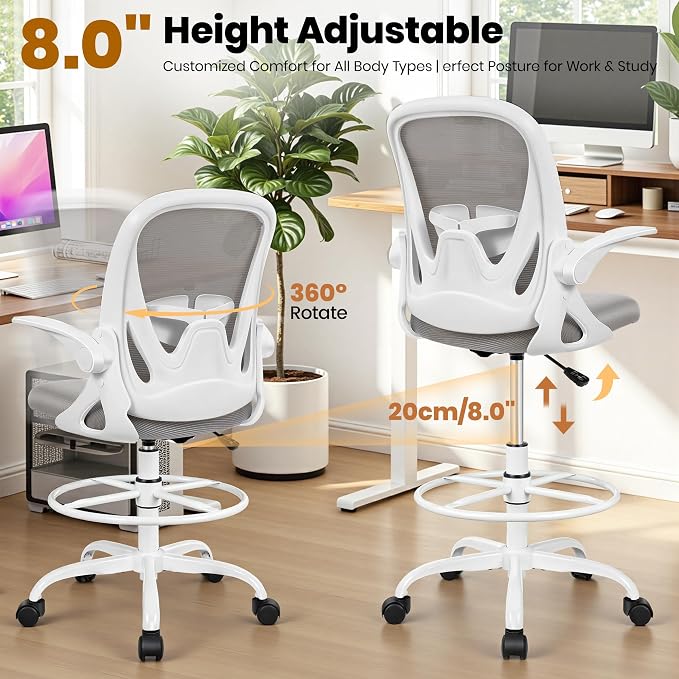 Ergonomic Drafting Chair with Flip-Up Armrests & Adjustable Footrest – Tall Office Chair for Standing Desks, Lumbar Support, Gray – Home & Office Comfort - Image 7