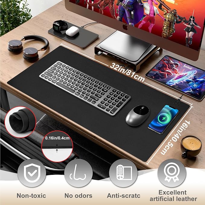 Desk Mat with Wireless Charging, Black Mouse Pad with Wireless Charger, Desk Pad Matt for Desktop, Mousepad Gaming Large Mouse Pad, Leather Compute for Keyboard and Mouse, 32" x 16" - Image 7