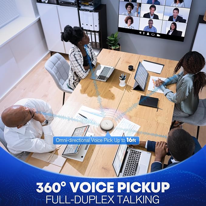 Conference Speaker and Microphone for Online Meetings and Remote Work, Gray | AI noise reduction, 360° voice pickup, 4-mic array, full-duplex, 16 ft range, Bluetooth, NFC, USB, up to 8 hours, group calls - Image 2