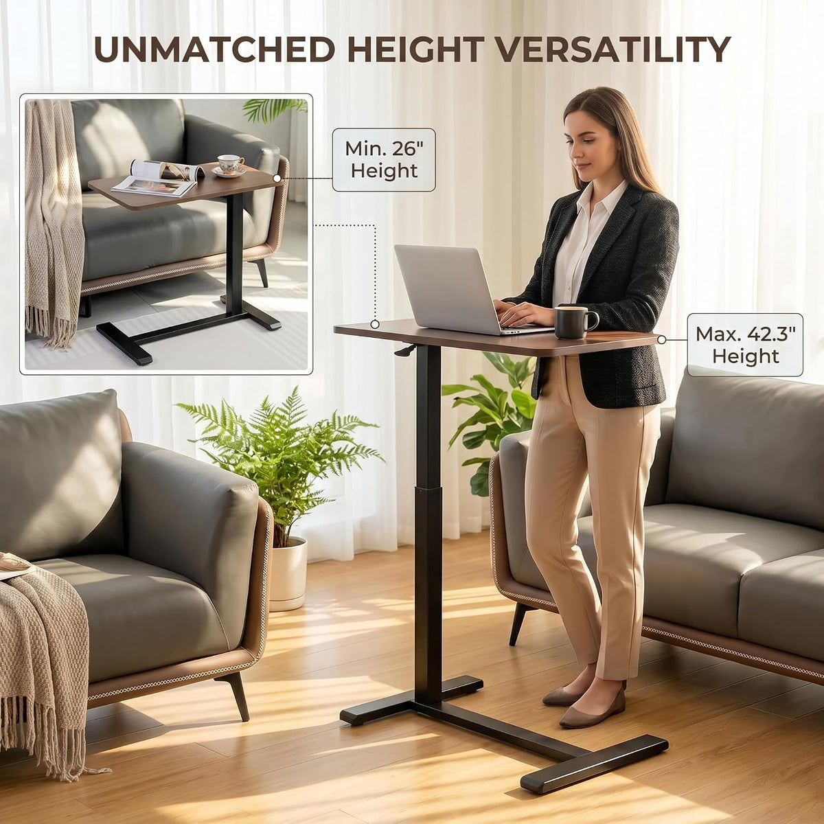 Overbed Table Adjustable Height 26"-42.3", Rolling Laptop Desk with Wheels, Over Bed Table for Hospital, Home, or Bedroom Use, Portable Bedside Table Stand (Flat Top, Walnut) - Image 6