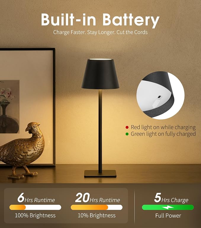 UME Cordless Table Lamp, Battery Operated Lamp - Portable Waterproof Rechargeable Table Lamp w/ 3 Color Temps & Stepless Dimming for Dinner, Desk, Cafe, Outdoor (Black) - Image 5