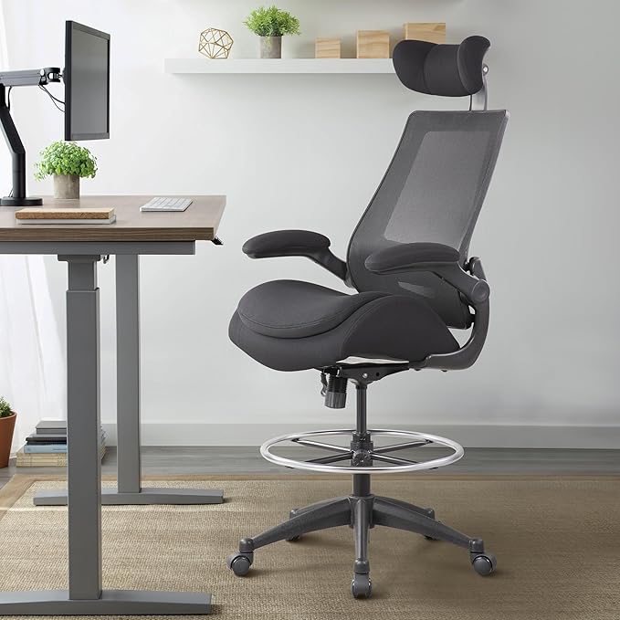 BOLISS Big and Tall Drafting Chair 400lbs High Back Dual Seat Cushion | Ergonomic Office Chair for Standing Desk, Double Thick Seat Cushion, Adjustable Foot Ring, Lumbar Support & Flip Up Armrests - Image 5