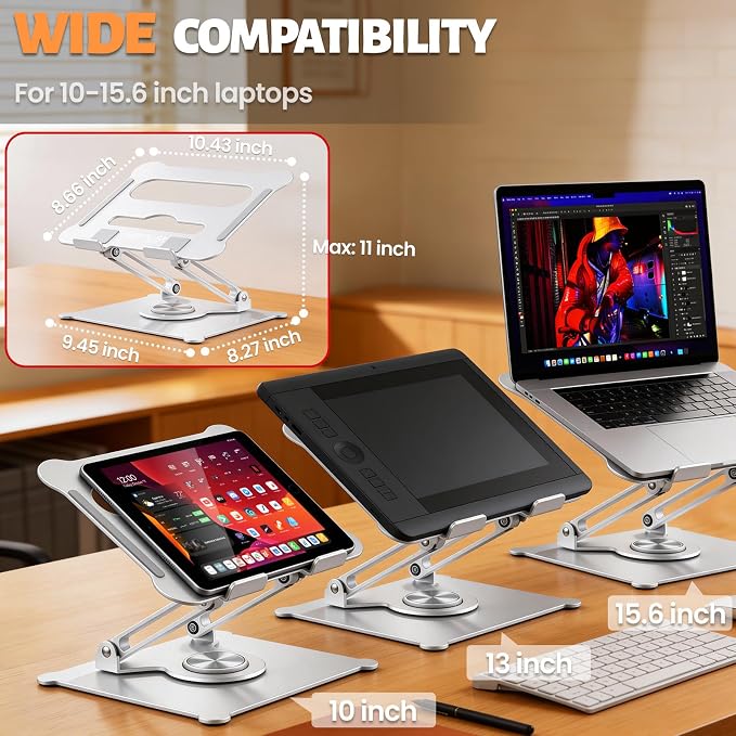 360° Rotating Laptop Stand for Desk, 10-15.6“ Laptop Riser, Silver | Sturdy Aluminum Foldable Stand, Heat-Dissipation Design, Ergonomic Holder Fits MacBook/Dell/HP/Lenovo for Home/Office. - Image 4