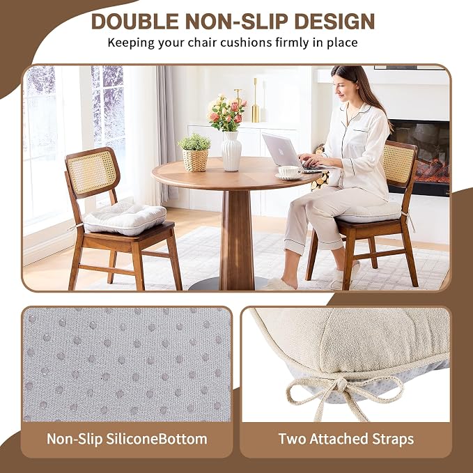 BETU Chair Cushions for Dining Chairs Set of 2,3.5" Thick Kitchen Table Chair Pads with Ties,Non Slip Backing and Covers, Seat Cushion for Dining Room,Bar,Patio Chairs,15.5"X15.5"X3.5",Beige - Image 4