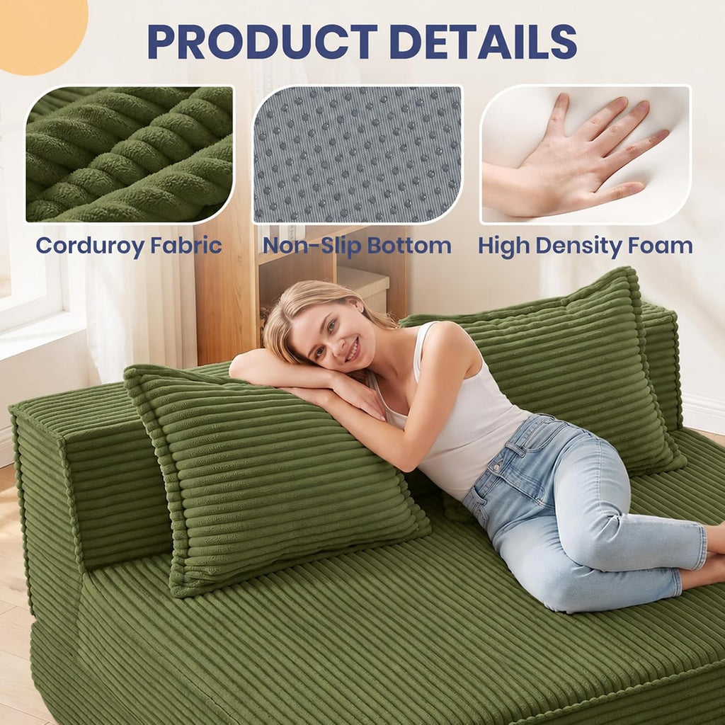 Folding Sofa Bed, 8" Convertible Sleeper Sofa Boneless Couch Fold Out Chair Bed with Pillow, Portable Floor Couch Lounge Sofa for Living Room Bedroom Guest Room (Green, Loveseat) - Image 4
