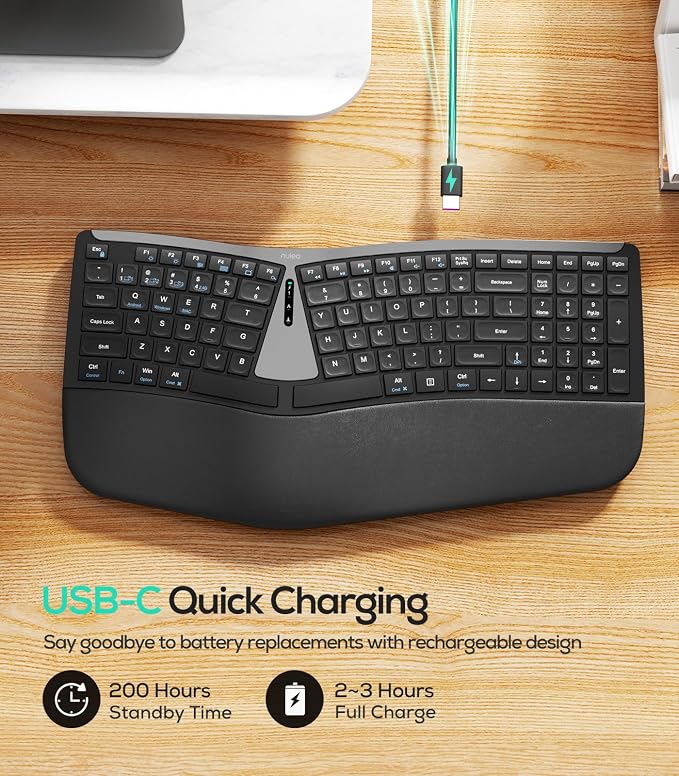 Nulea Ergonomic Split Wireless Keyboard with Cushioned Wrist Rest | Bluetooth and 2.4G Connection with USB-C Charging, Multi Device Support for Laptop, PC, Mac and Windows - Image 6