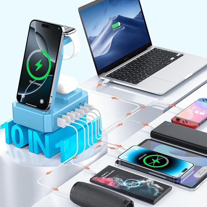 300W Charging Station for Multiple Devices Apple, Zutspzss 10 in 1 Wireless Charger for iPhone 16, GaN III USB C 65W PD Fast Charging Stand Dock for Apple Watch&Airpods,Blue - Image 3