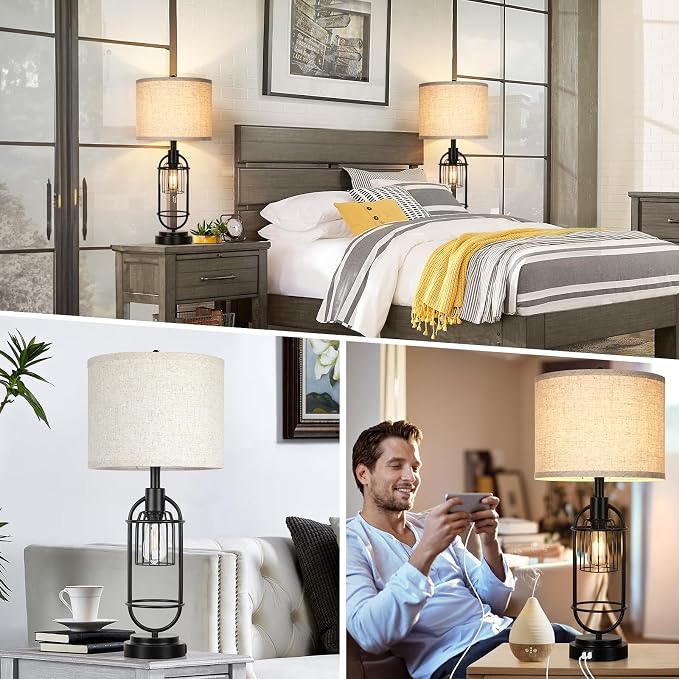 29'' Tall Table Lamps for Living Room Set of 2, 2-Light Farmhouse Bedside Lamps with USB Ports, Rustic Nightstand Lamps with Beige Lampshade, Black Industrial Desk Lamps for Bedroom End Table Reading - Image 7
