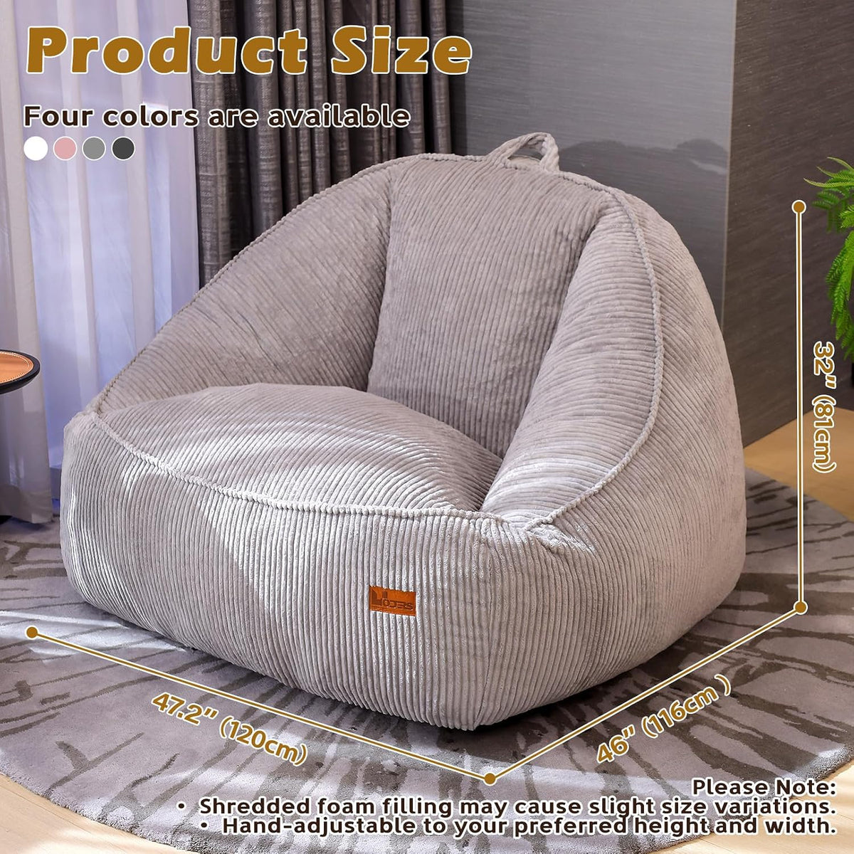 Giant Bean Bag Chair for Adults Teens and Kids, Cozy Fluffy Corduroy Beanbag Chair with Filler Large Floor Lounge Sofa for Living Room, Bedroom (L-Light Grey) - Image 2