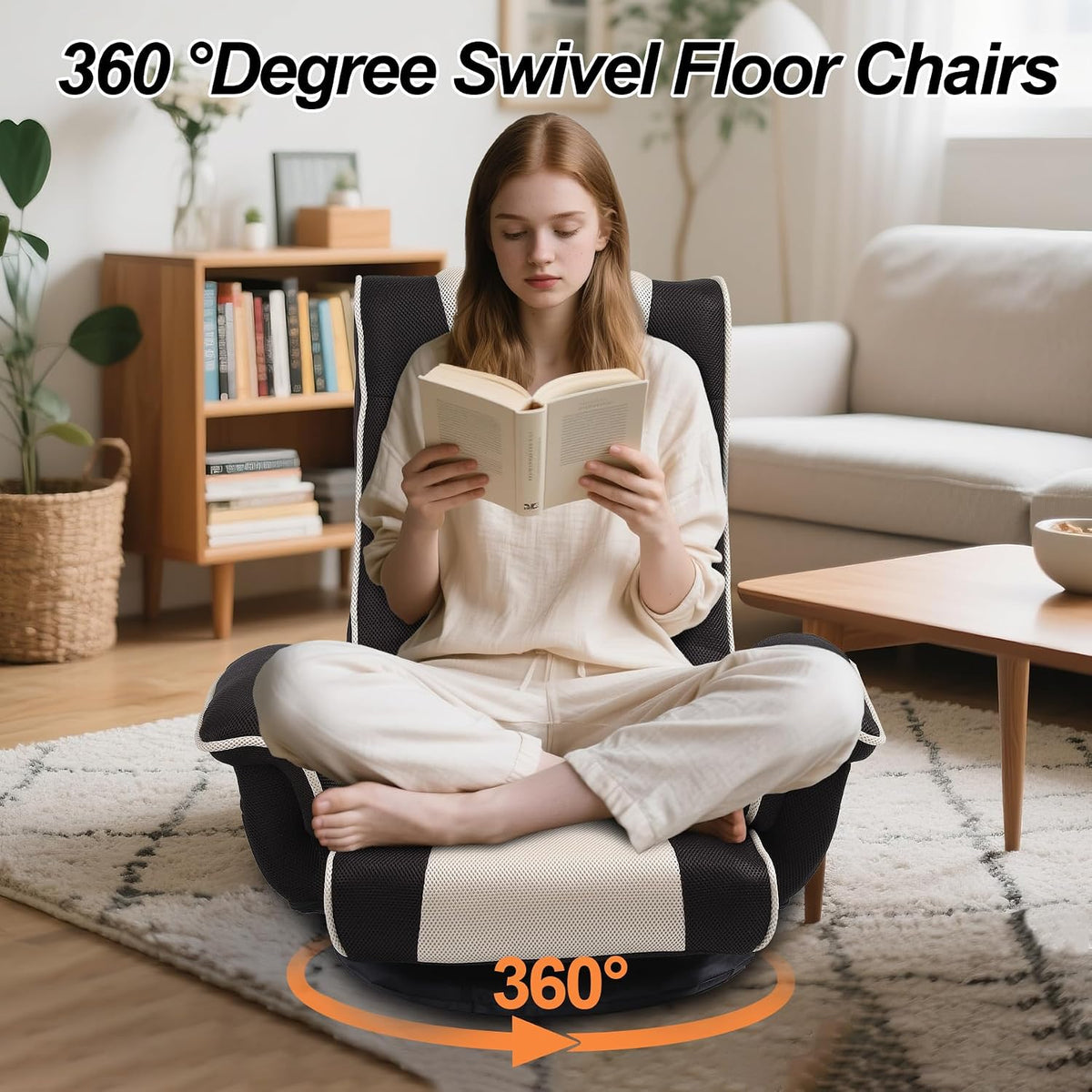 Ergonomic Gaming Chair, 6-Position Reclining Sofa Bed with Lumbar Support, Foldable Floor Lounger with Thick Cushion, Armrests & Side Pockets for Reading, Brown/Beige - Image 7