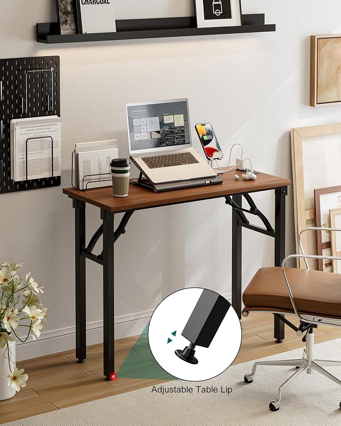 Small Folding Computer Desk – 35.8 Inch Portable Table for Craft and Study, Lightweight Desk for Small Spaces, Foldable Laptop Table Built-in AC/USB Outlets for Convenience, Dark Walnut - Image 6