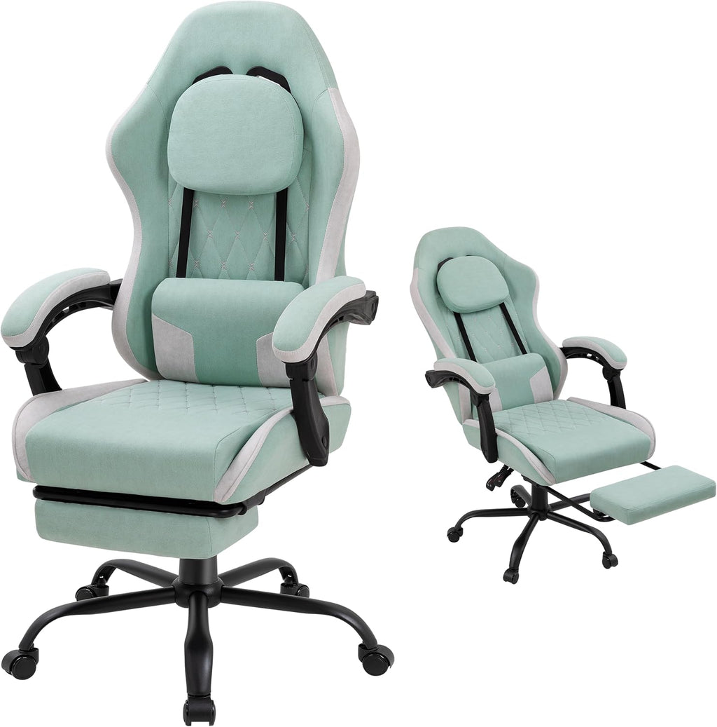 Gaming Chair for Adults, Fabric Gaming Chair with Footrest and Pocket Spring Cushion, Ergonomic Gamer Chair with Lumbar Support, Reclining Computer Gaming Chair with High Back, Light Green by DL-win