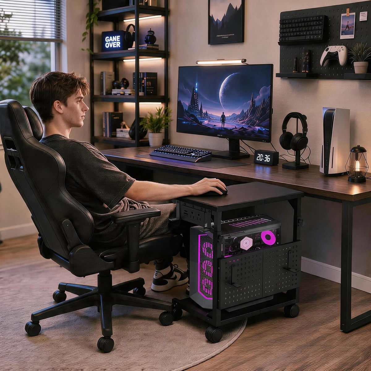 Adjustable Computer Tower Stand with Charging Station & Pegboard,Black - Image 2