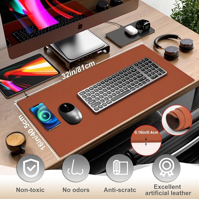 Desk Mat with Wireless Charging, Brown Mouse Pad with Wireless Charger, Desk Pad Matt for Desktop, Mousepad Gaming Large Mouse Pad, Leather Compute for Keyboard and Mouse, 32" x 16" - Image 7