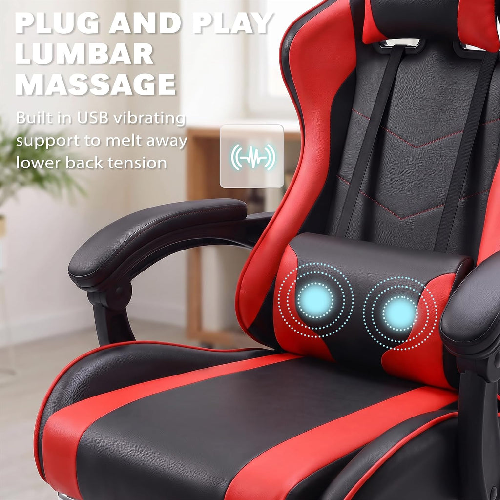 Homall Gaming Chair, Ergonomic, Footrest & Massage Lumbar Support, Red - Image 5