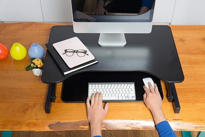 Rocelco 32" Height Adjustable Standing Desk Converter - Slide Out Retractable Keyboard Tray - Sit Stand Up Double Monitor Riser - Dual Piston Lift Assist Tabletop Computer Workstation - Black (R ADRB) - Image 3