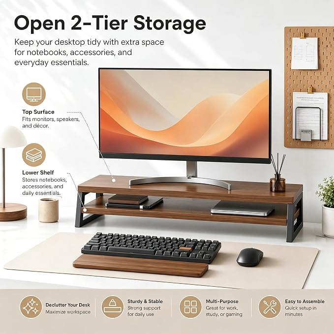 Monitor Stand - 2 Tier Computer Monitor Riser Shelf, Wood Desktop Stand for Laptop Computer Screen, Desk Organization, Office Supplies - Image 3
