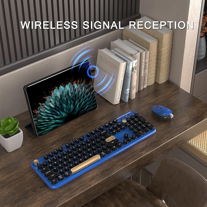 Colorful MPTOG Wireless Computer Keyboard and Mouse Combo (Black-Blue) | Retro Round Typewriter Keycaps, Power Switch, Ergonomic Design, 2.4GHz Wireless for Windows, Mac, PC - Image 2