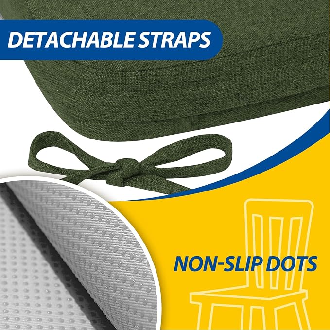 AAAAAcessories D-Shaped Chair Cushions, 2" Thick Dining Chair Pads with Ties and Removable, Machine-Washable Cover, 17" x 16", Set of 8, Dark Olive Green - Image 5