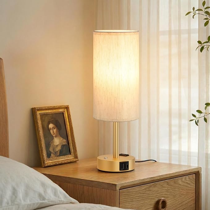 Gold Touch Bedside Lamp for Bedroom, Stepless Dimmable, USB A+C, AC Outlet | Base Touch Button Only, Memory Brightness, Ultra-dim Night Light, Included Bulb for Optimal Dimming, Cream Fabric Shade, Desk - Image 7