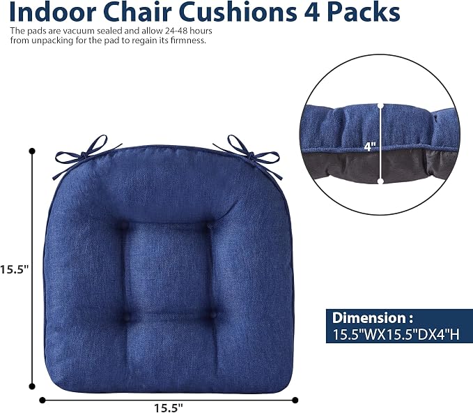 IASEAHK Chair Cushions for Dining Chairs, Seat Cushions for Kitchen Chairs, Indoor Seat Cushions with Ties, Tufted Foam Chair Pads, Non Slip Chair Cushions Set of 4, 15.5" x 15.5" x 4", Navy Blue - Image 2