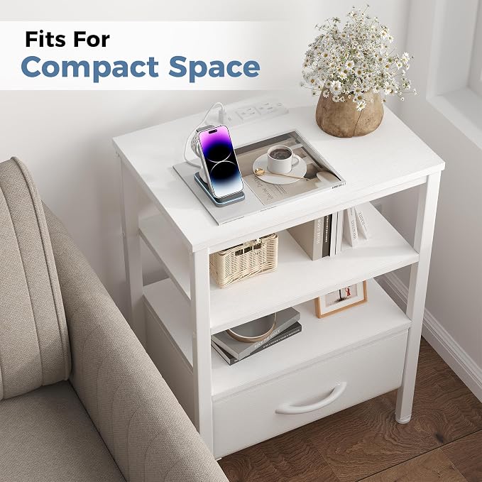 OLIXIS Nightstand with Charging Station, Beside Table with Fabric Drawers | 3-Tier End Table Set of 2 with 2 Storage Shelves,Night Stand with USB Ports and Outlets for Bedroom, White - Image 8