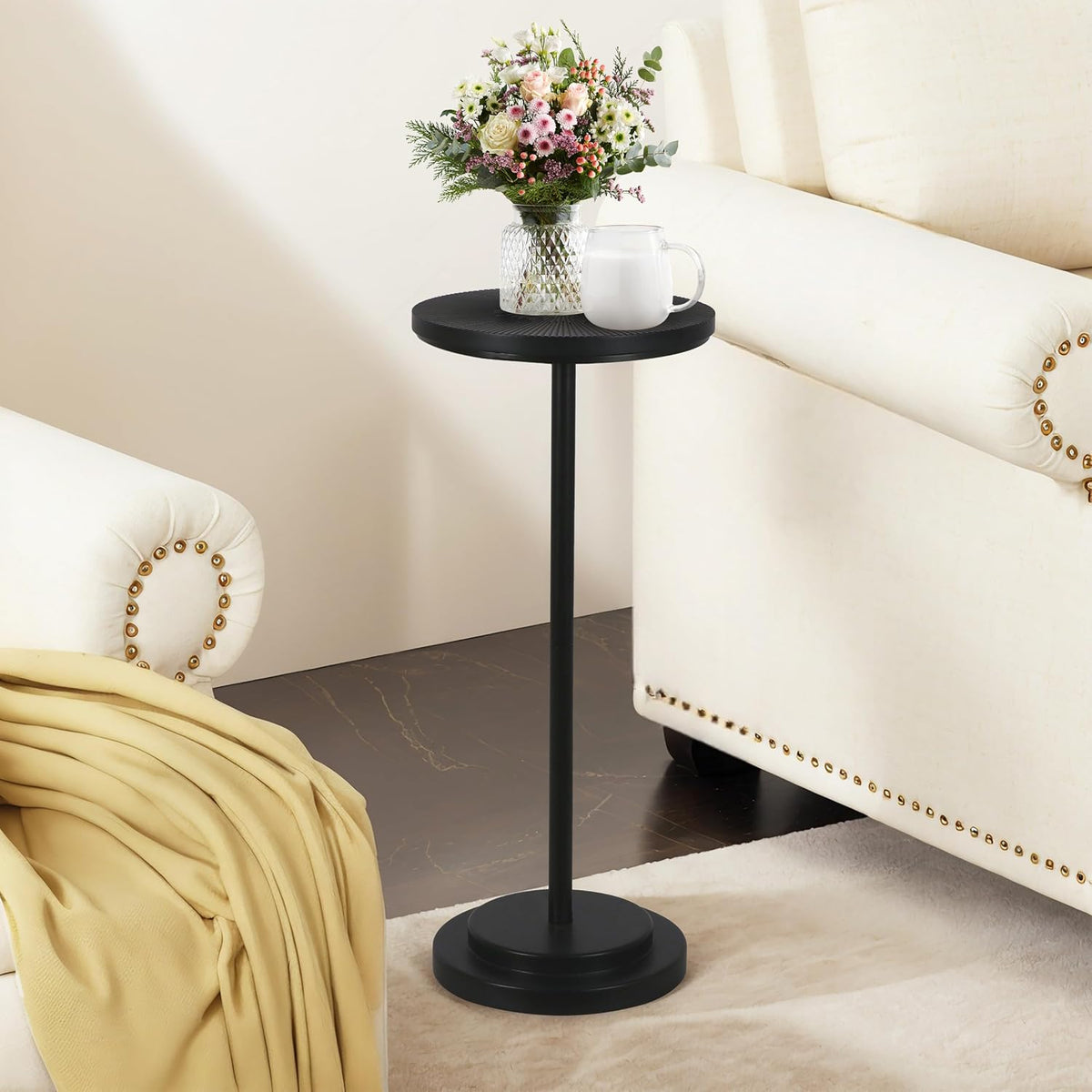 COVLON Drink Table Set of 2, Small Round Pedestal Side Table with Carved Top for Living Room, Bedroom, Small Space, Corners and Office, Black by COVLON