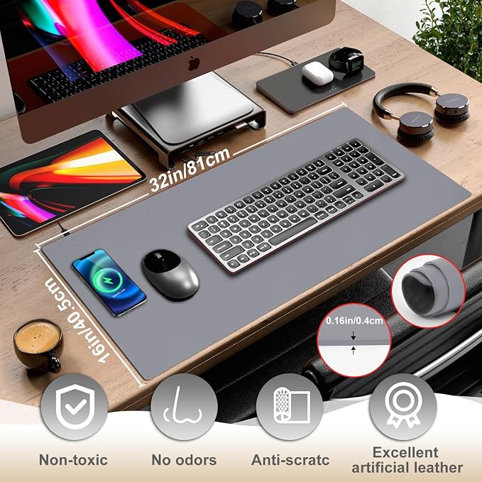 Desk Mat with Wireless Charging, Grey Mouse Pad with Wireless Charger, Desk Pad Matt for Desktop, Mousepad Gaming Large Mouse Pad, Leather Compute for Keyboard and Mouse, 32" x 16" - Image 7